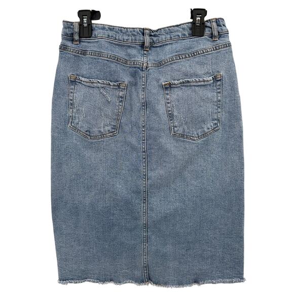 Wild Fable Jean Skirt SZ 10 Medium Acid Wash Denim Distressed Stretch Front Slit - Picture 4 of 6
